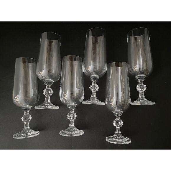 Set of 6 Claudia Crystal Champagne Flutes | 1980s Faceted Ball Stem Glasses - Picture 2 of 5